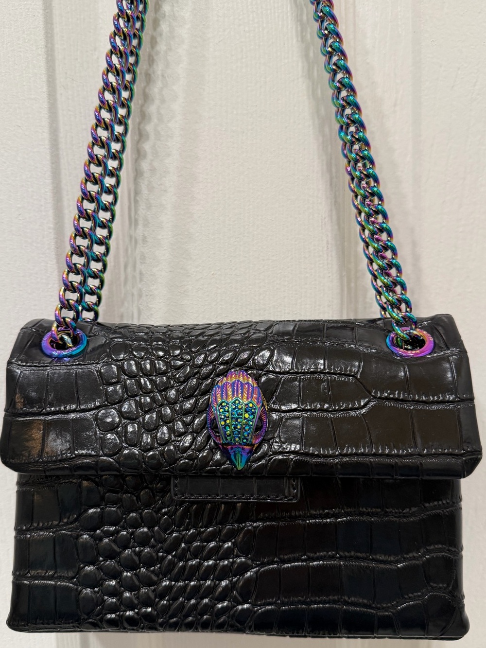 Kurt Geiger London Kensington Small Black Croc Oil Slick Rainbow Chain Bag